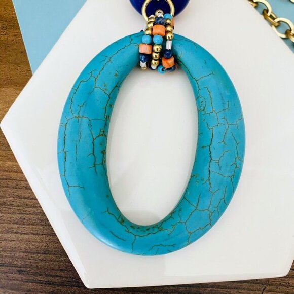Chicos Turquoise Howlite Oval Pendant Long Necklace With Gold-Tone Chain & Be - Picture 3 of 5